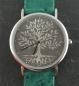 Preview: Damen Lebensbaum Uhr mit 925 Silber Zifferblatt und grünes Straussen Lederarmband