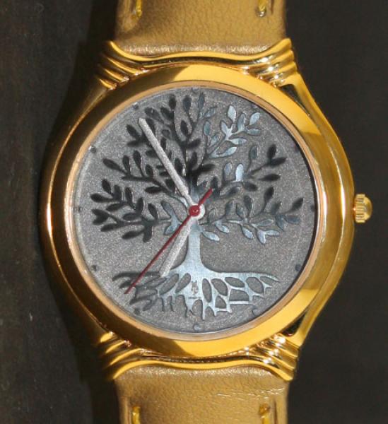 Modische Lebensbaum Uhr 925 Silber Zifferblatt und goldfarben Lederband